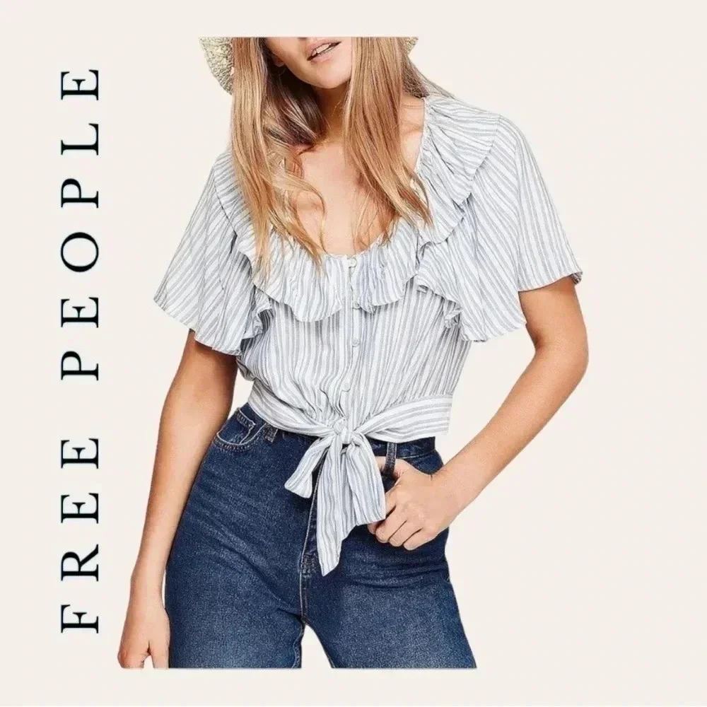 0387. FREE‎ PEOPLE THE ROSEMARY TOP RUFFLES AND TIE FULLY BUTTON SIZE LARGE